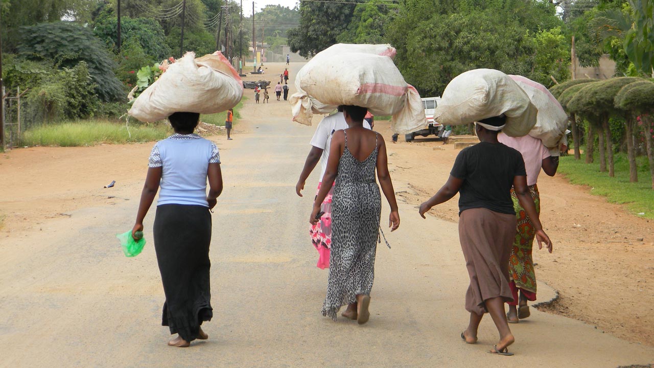 Four women carrying sacks on their heads walking down a wide path
