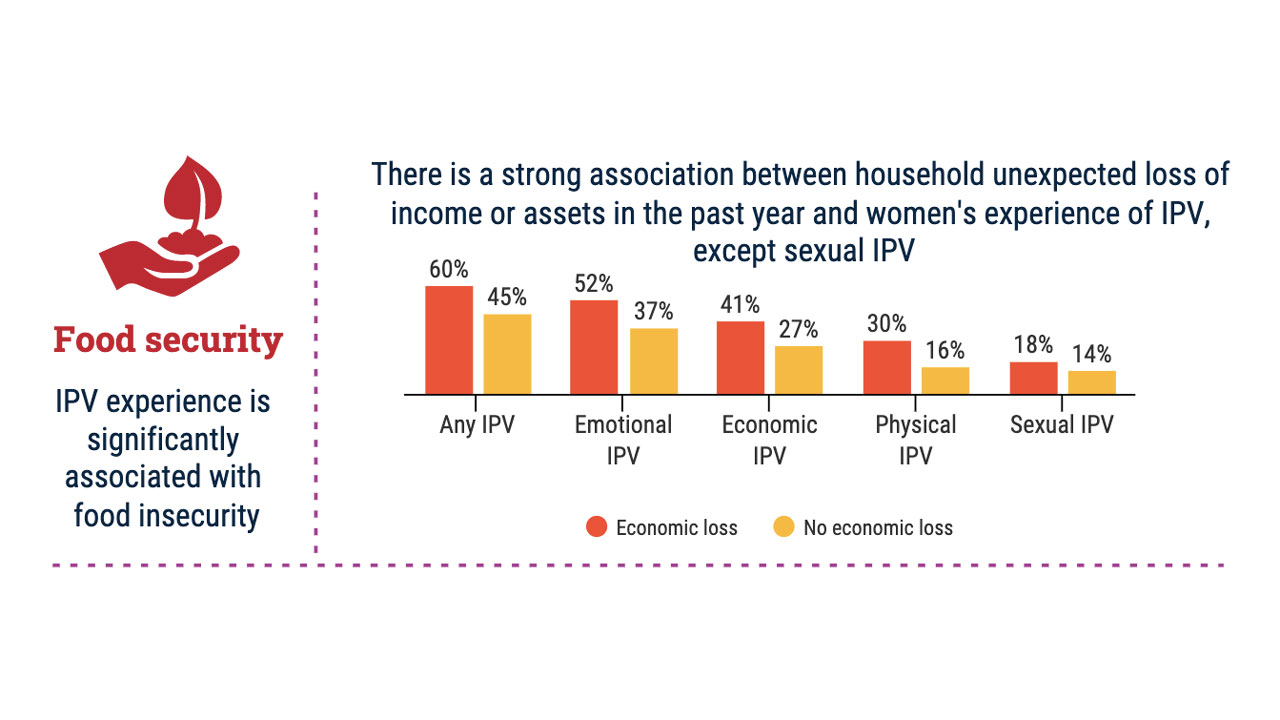 Graph comparing women’s rate of IPV experience during household economic hardship: Any IPV: 25% increase; Emotional IPV: 15% increase; Economic IPV: 14% increase; Physical IPV: 14% increase; Sexual IPV: 2% increase Text by graph reads: “Food security; IPV experience is significantly associated with food insecurity. There is a strong association between household unexpected loss of income of assets in the past year and women’s experience of IPV, except sexual IPV.”