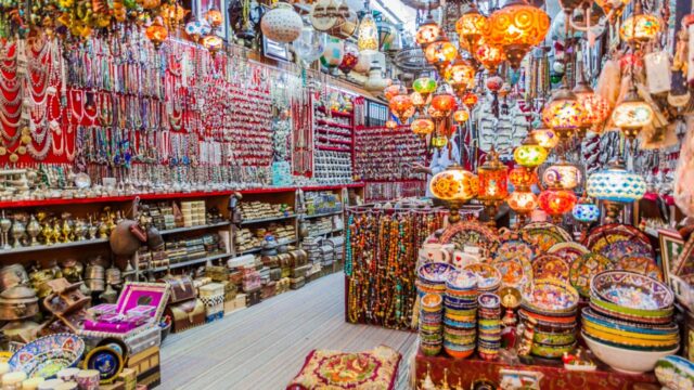 Brightly coloured home wares in an Oman market