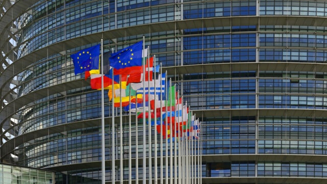 Two rows of flags of the European Union and European countries in front of a multi-window tower