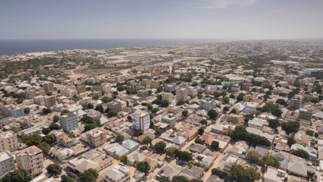 Aerial view of Mogadishu cityscape by the sea