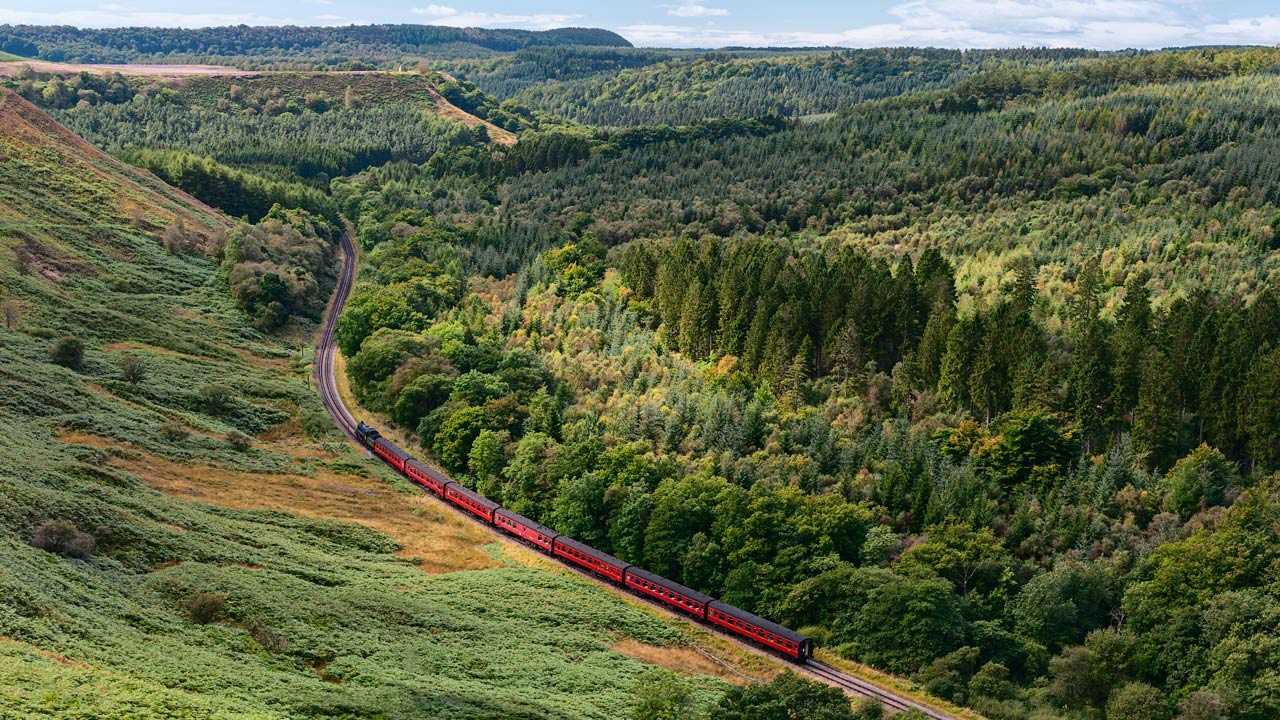 A red train travelling up a track curving through a forested mountainside landscape