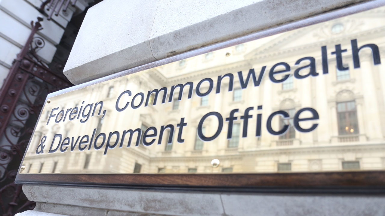 Gilded office sign reading “Foreign Commonwealth & Development Office”