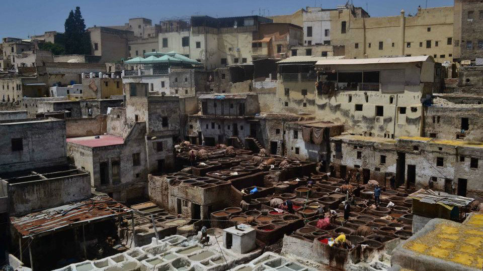 A tannery with large dyeing vats surrounded by buildings