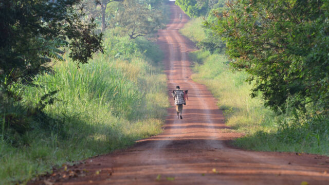 Person carrying a yoke down a red dirt path bordered on both sides by grass and trees