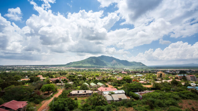 Expansive view of a city surrounding a vegetated mountain