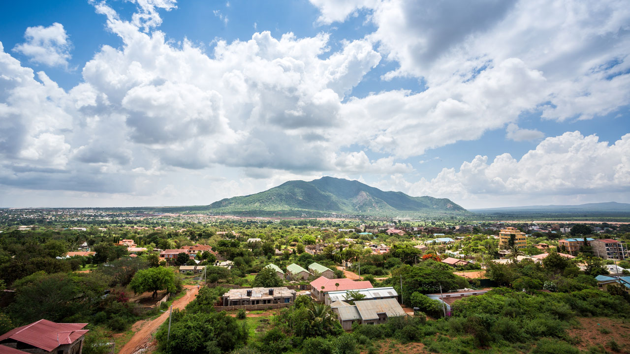 Expansive view of a city surrounding a vegetated mountain
