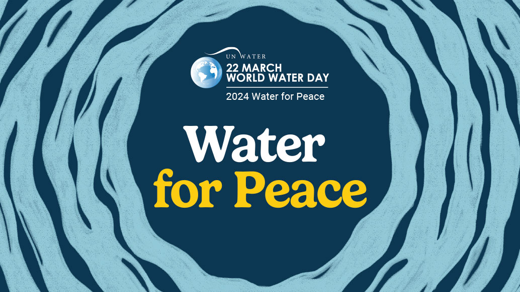 Blue World Water Day logo with "Water for Peace" in bold letters