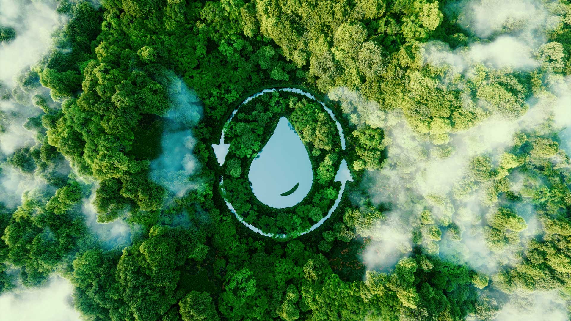 A water droplet shaped lake in the middle of untouched nature.