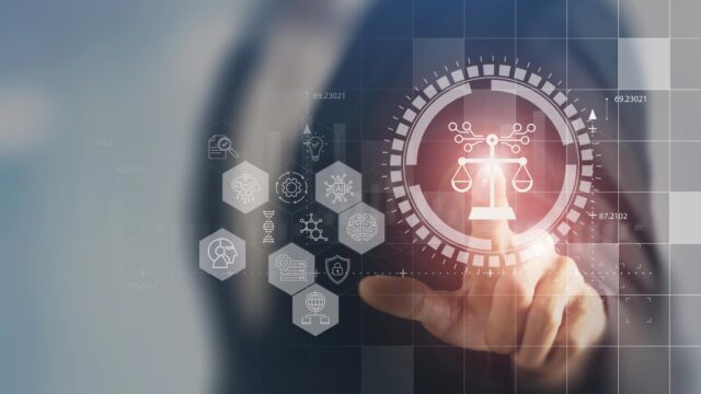 A finger pressing the justice scale icon, surrounded by other icons relating to technology, data integrity and ethics.