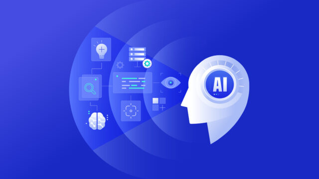 AI driven decision-making concept illustration on a blue background