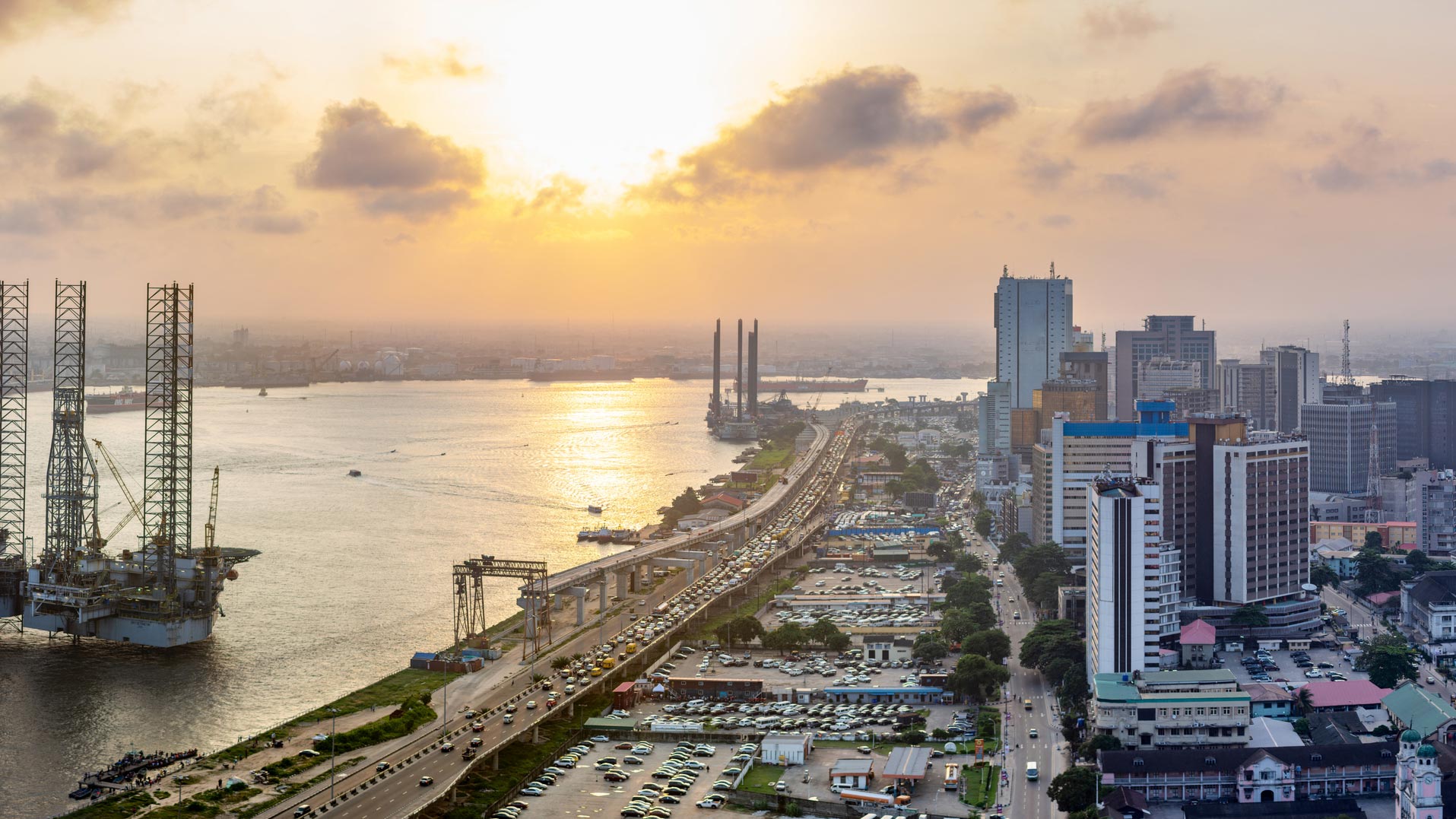 A panorama shot of a Landscape showing the coastline of Lagos Island, Nigeria